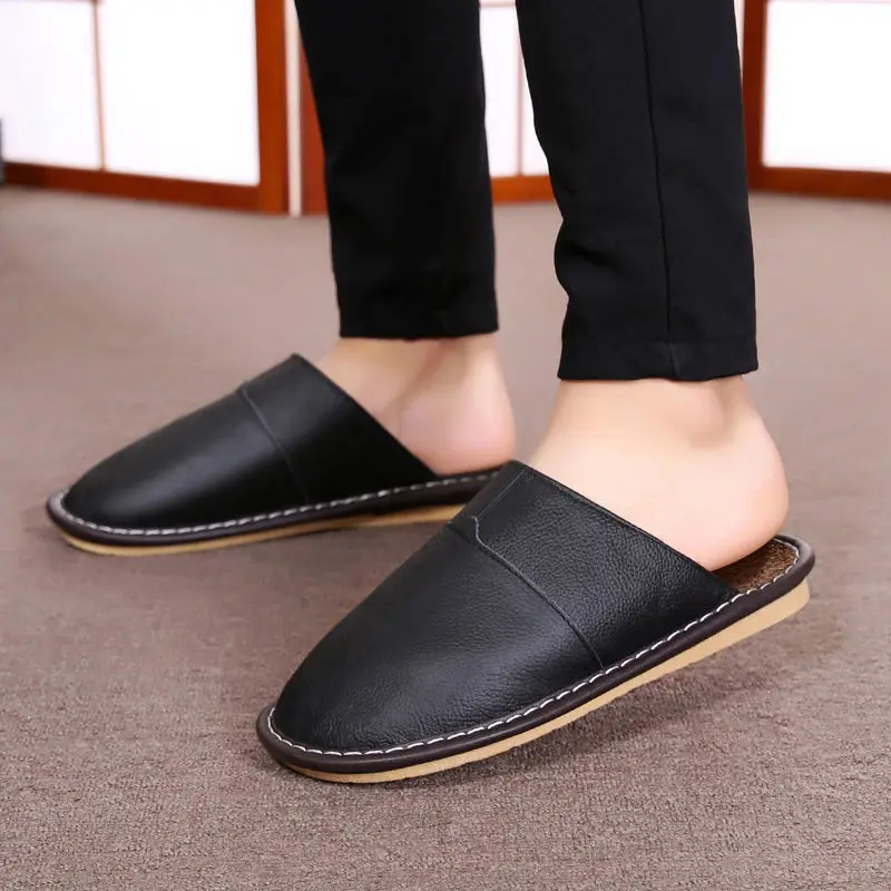 Real Cow Leather Slippers Men Indoor Home Shoe 2020 Spring New Arrival Classic Flat Short Plush Slippers Man