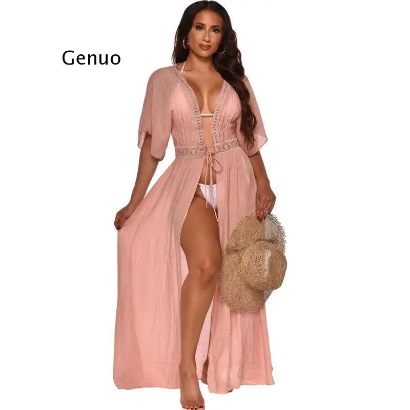 Summer Cotton Linen Women Beach Dress Mesh See Though Lace Up High Wasit Sexy Long Blouse Casual Club Party Maxi Dresses