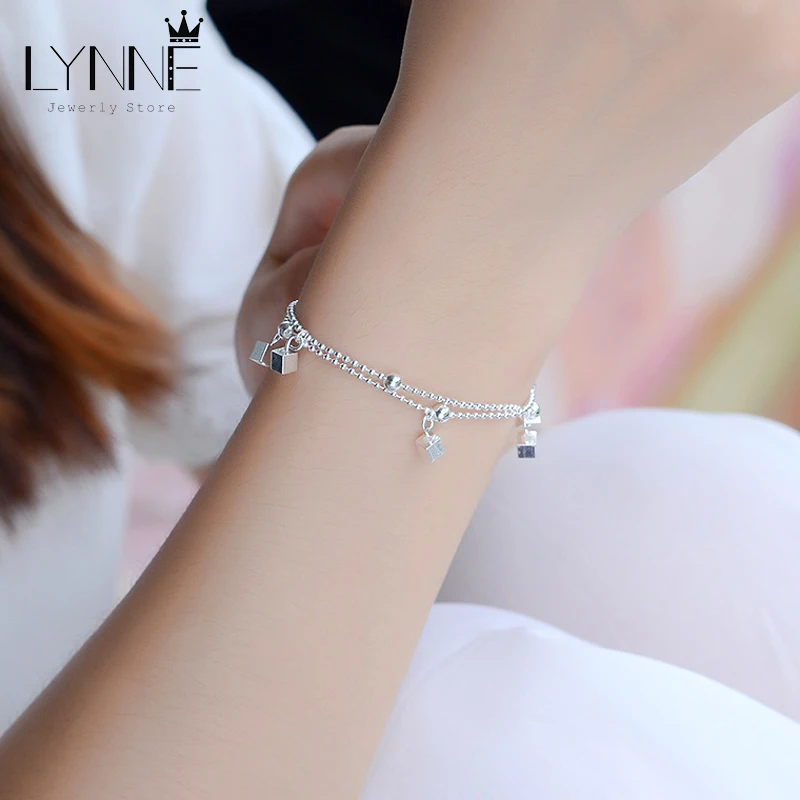 New Fashion Double Layers Small Meter Bead Chain Square Pendant Bracelets 925 Sterling Silver Summer Bracelet Women Jewelry Gift