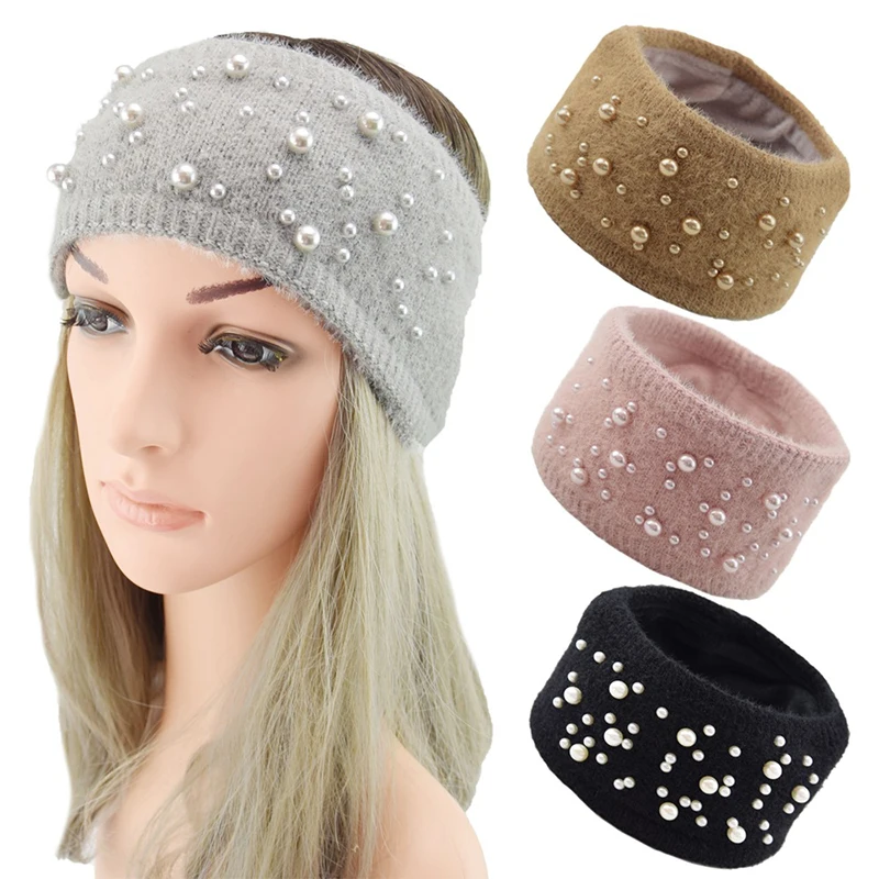 Winter Warm Knitted Headband Pearl Hairbands Wool Turban Women Elastic Hairbands Crochet Headwrap Fashion Girls Hair Accessories