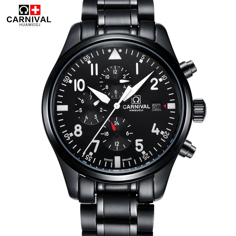 Switzerland CARNIVAL Diving Watch 100m Waterproof Automatic Mechanical Watches Sapphire Calendar Luminous Steel Pilot Watch Men