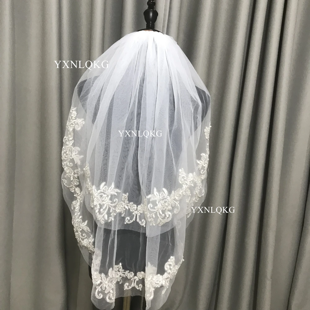 2ชั้นยุโรปสั้น Wedding Veils หวี Soft Tulle เจ้าสาวโรแมนติกลูกไม้ Appliques ขอบอุปกรณ์เสริม