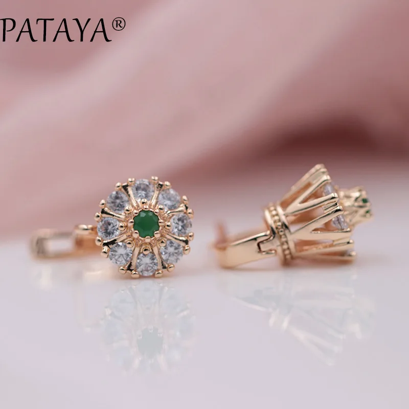 PATAYA New 585 Rose Gold Color Green Natural Zircon Lotus Dangle Earrings Engagement Wedding Gift Romantic Women Fashion Jewelry