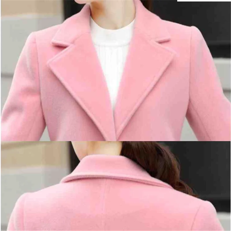 2024 Autumn Winter Ladies New Version Of The V-neck Solid Color Woolen Coat Women\'s Mid-Length Slim Thin Woolen Coat