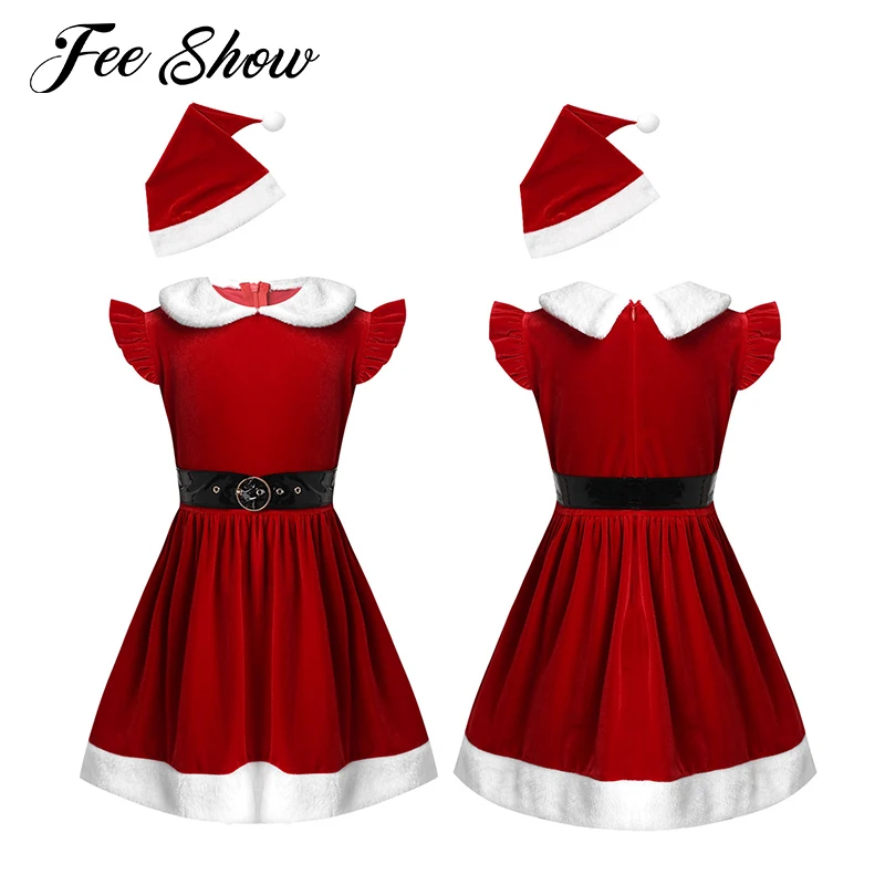 Kids Girls Christmas Dress 2020 New Year Costume Santa Claus Outfits sleeveless A-line Tutu Dresses with Hat and Waistband Set