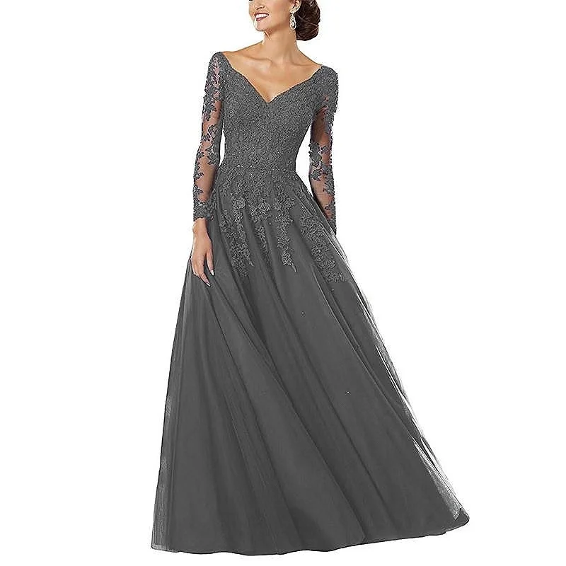 

V-Neck Beaded Lace Appliqued Mother of the Bride Dress Long Sleeves Bodice Long Evening Formal Gowns