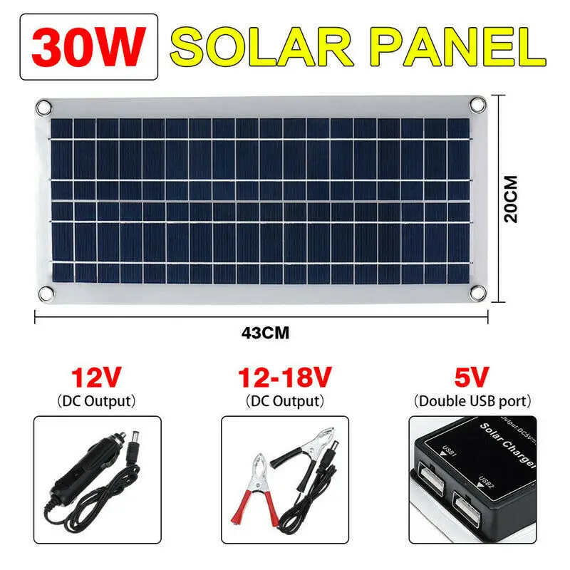 WENXING Flexible 12V 30W Dual USB Solar Panel+ 40A Solar Charger Controller For Battery Cell Phone Charger with Battery Clip