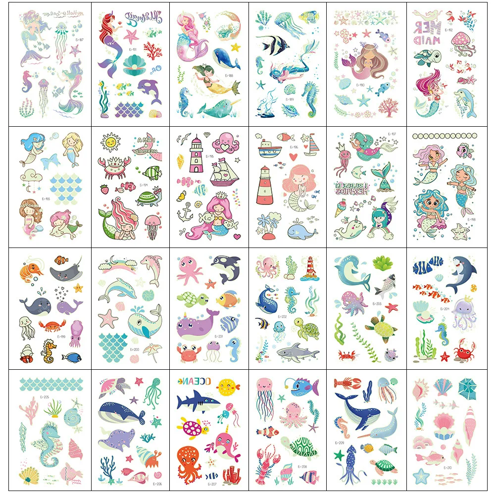 Children's Tattoo Stickers Waterproof Decals  Body Art  Face Ocean Mermaid Unicorn Cartoon Halloween Luminous tatto Stickers