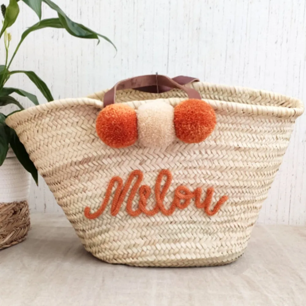 Customize  pom poms beach basket, Moroccan wicker basket bag, personalize beach straw totes basket tote everything, Summer bags