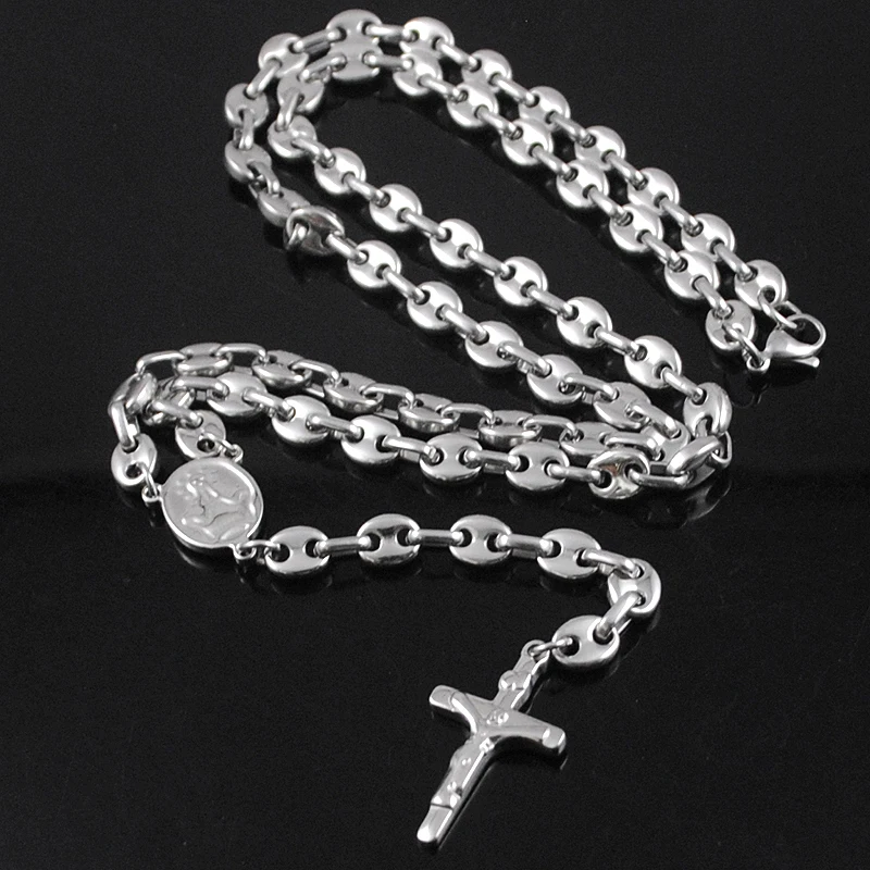 AMUMIU New arrivals, Fashion Stainless Steel Rosary Cross Necklace Bead Chain Men Jewelry Long 6mm KN095