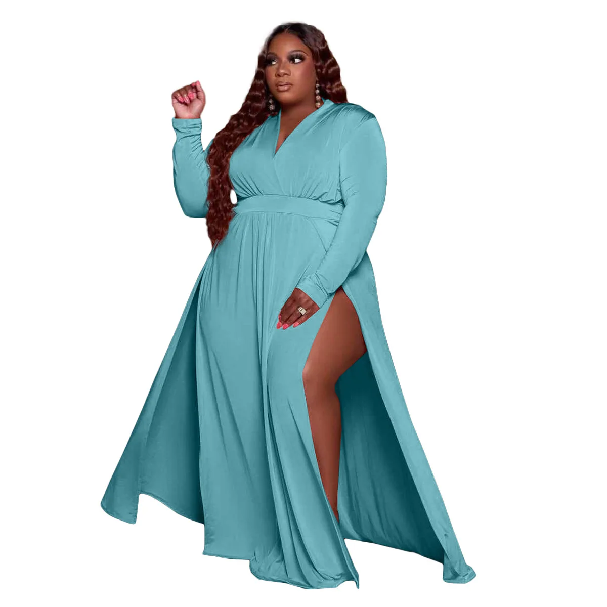 XL-5XL Automne 2022 Plus La Taille Robes Pour Femmes Vêtements De Mode Casual Split À Manches sulfCol En V Sexy Robe En Gros Dropshipping