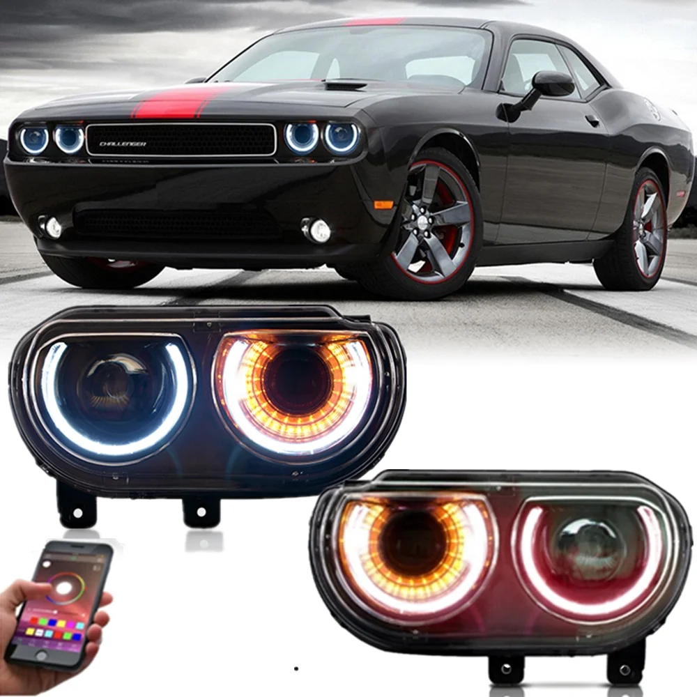 Car LED Headlights For Dodge Challenger 2008-2014 Plug and Play With RGB Bluetooth App Control Halo DRL Front Lights