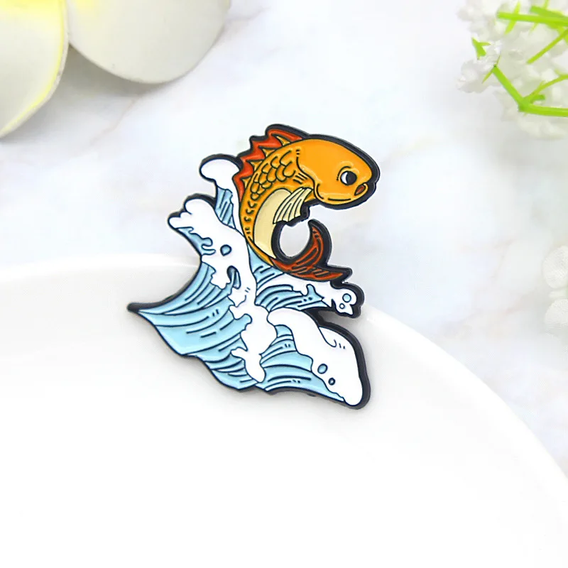 The Waves Roll Up The Yellow Koi Cartoon Creative Brooch The Cute Koi Badge That Swims Happily In The Ocean Is Neutral Universal