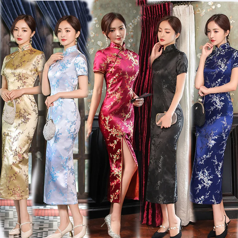 

Chinese Classic Print Flower Satin Qipao Autumn New Arrival Vintage Short Sleeve Cheongsam Sexy Women Formal Long Dress