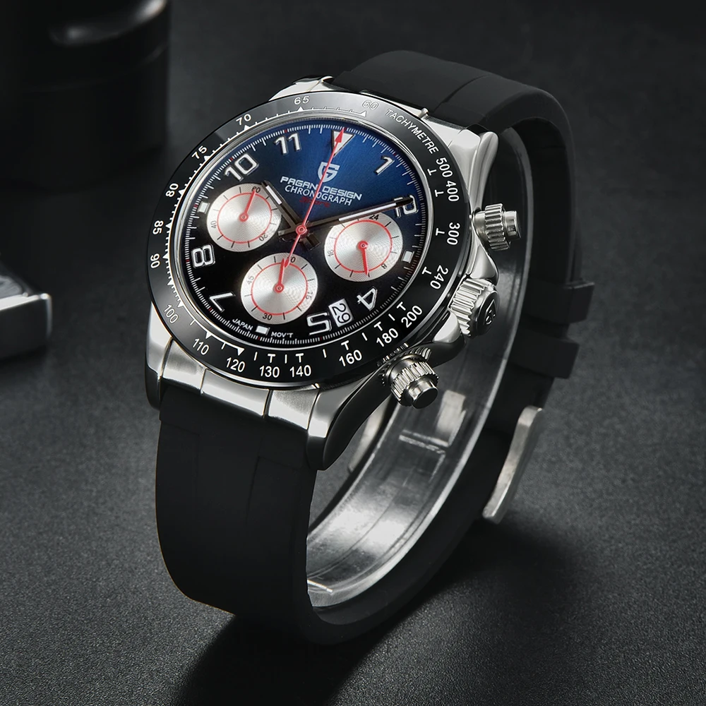 PAGANI DESIGN VK63 jam tangan kuarsa untuk pria, arloji kaca safir dengan Chronograph keramik Bezel angka Arab, hadiah olahraga