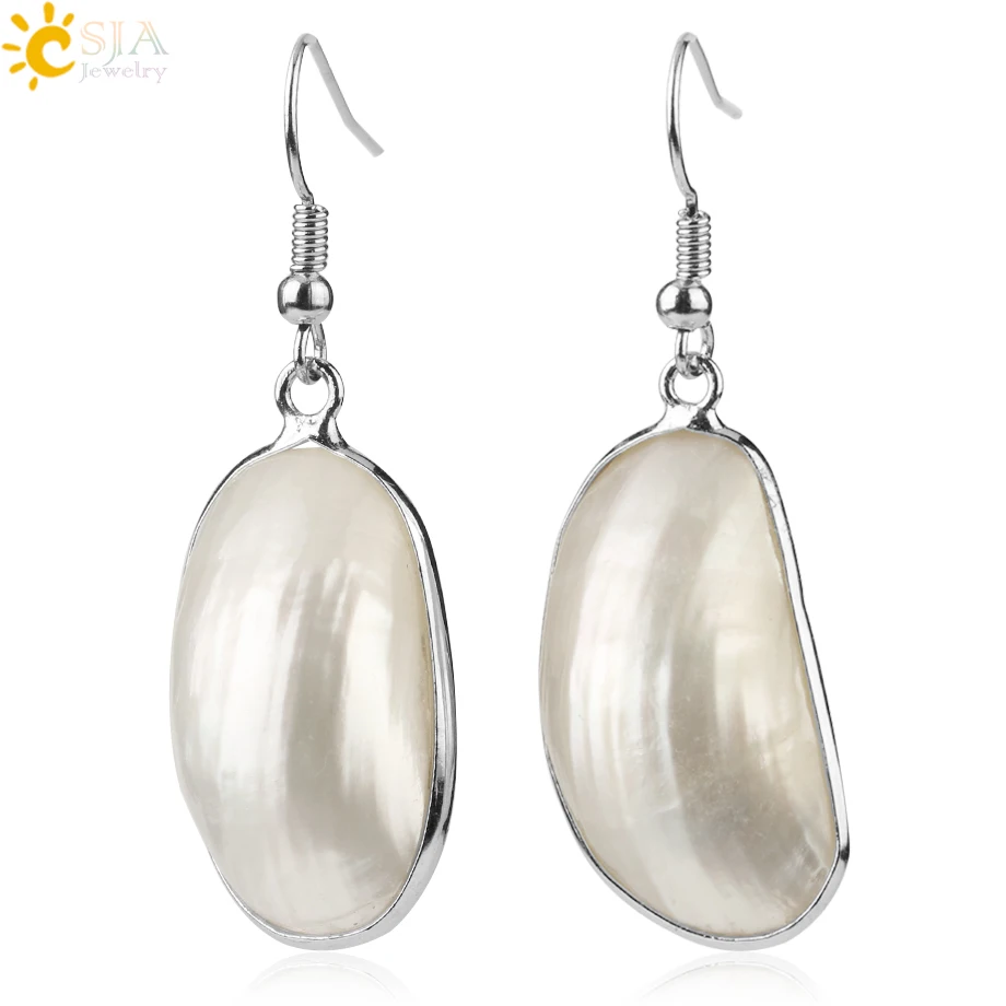 CSJA Natural Mother of Pearl Shell Drop Earrings Cabochon Bead Silver Color Hook Dangle Earring Simple Summer Beach Jewelry G220