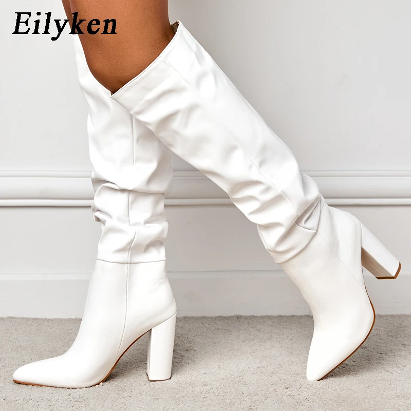 Fashion Pleated Women Knee High Boots Sexy Pointed Toe Square Heels Ladies Long Female White Black Shoes size 35-42