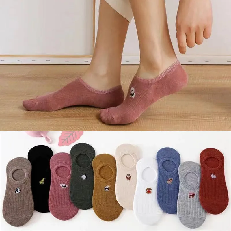 10 pièces = 5 paires/lot de chaussettes invisibles en coton de dessin animé pour femmes et filles, été décontracté court cheville bateau coupe basse