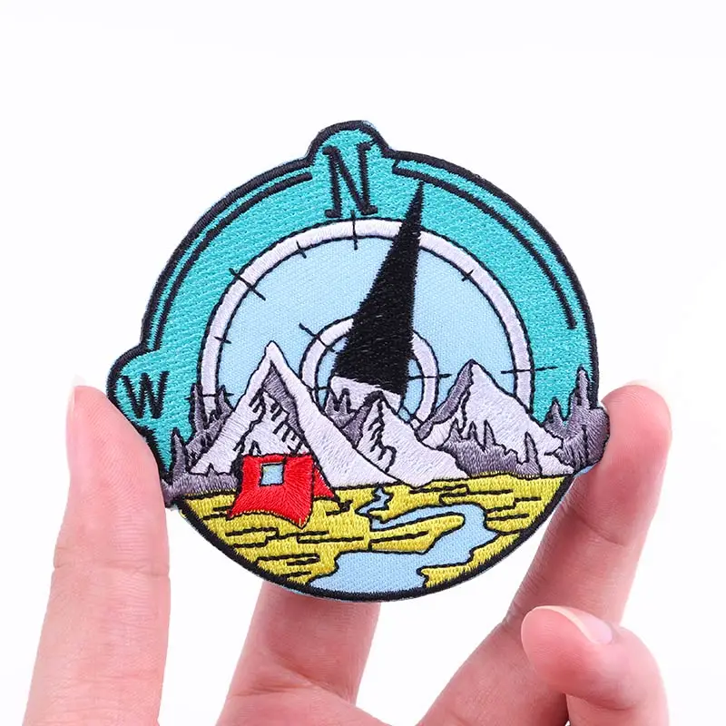 Camping Life Embroidery Patch Outdoor Compass Trave Adventure Badge Natural Mountain Iron On Fusible Patches On Clothes Stripes