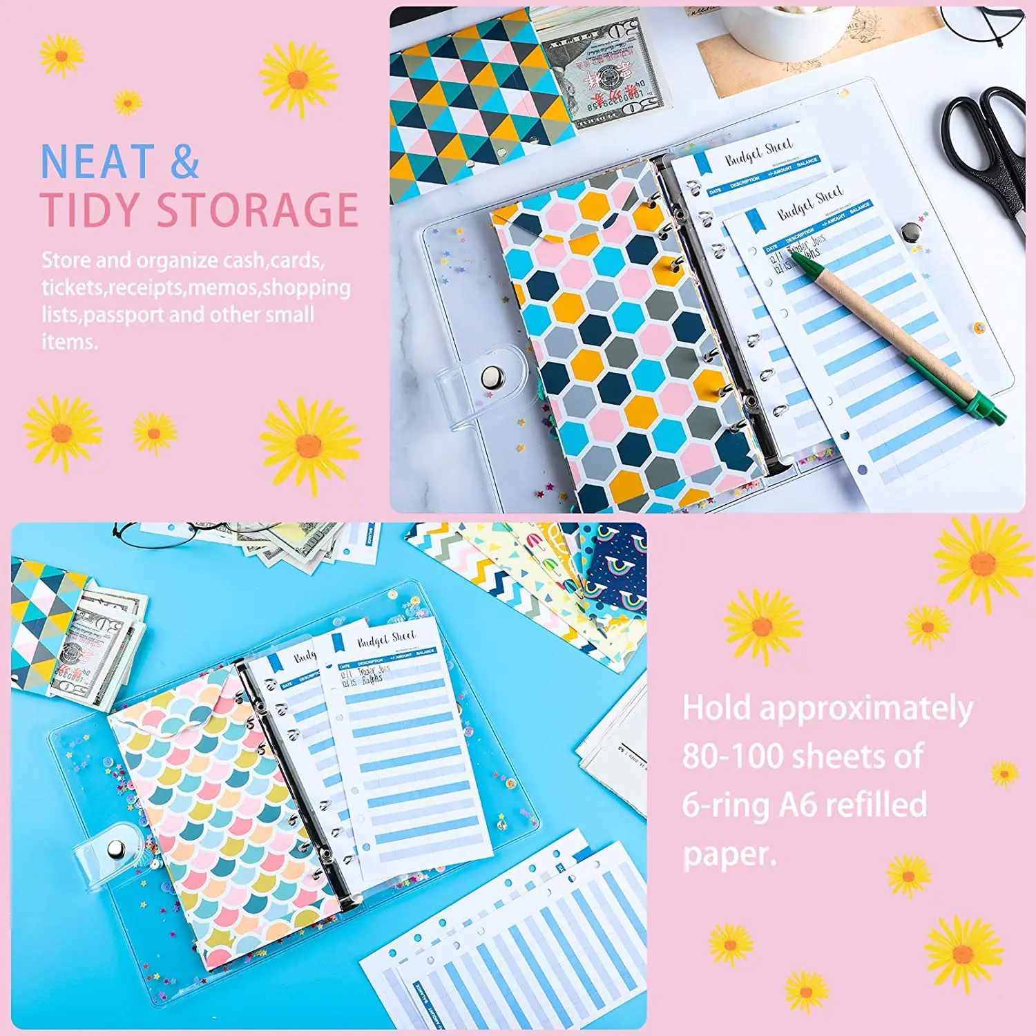 A6 Chất Kết Dính Ngân Sách Tiền Mặt Bao Thư Hệ Thống Ngân Sách Lập Kế Hoạch Tổ Chức 6 Vòng Xách Tay Lọ Với Sáng Bóng Kim Sa Lấp Lánh