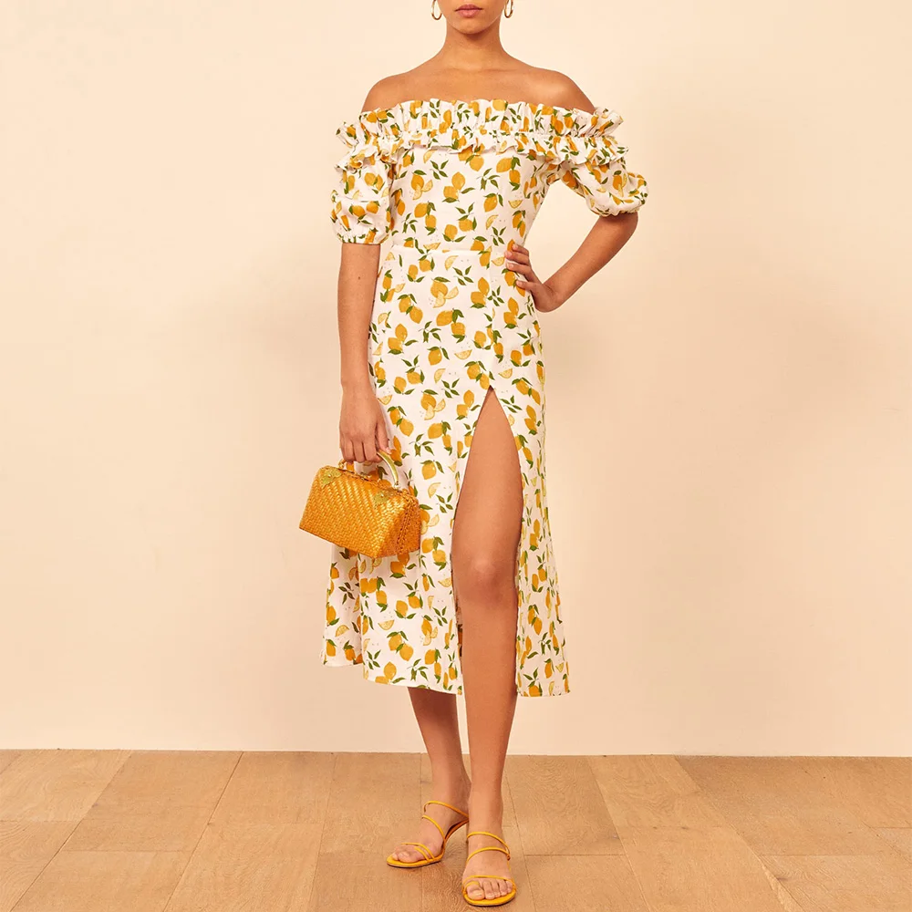 Summer Dresses For Women Vintage Lemon Print Elegant Midi Dress Side Slit Puff Sleeve Ruffle Sexy Off Shoulder Dress Sundress