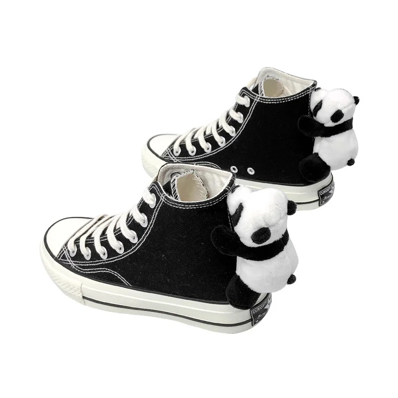 Amy and Michael Lovely Panda Dolls Canvas Shoes Students Women\'s Vulcanized Shoes Fashion Woman Casual High Top Black Sneakers