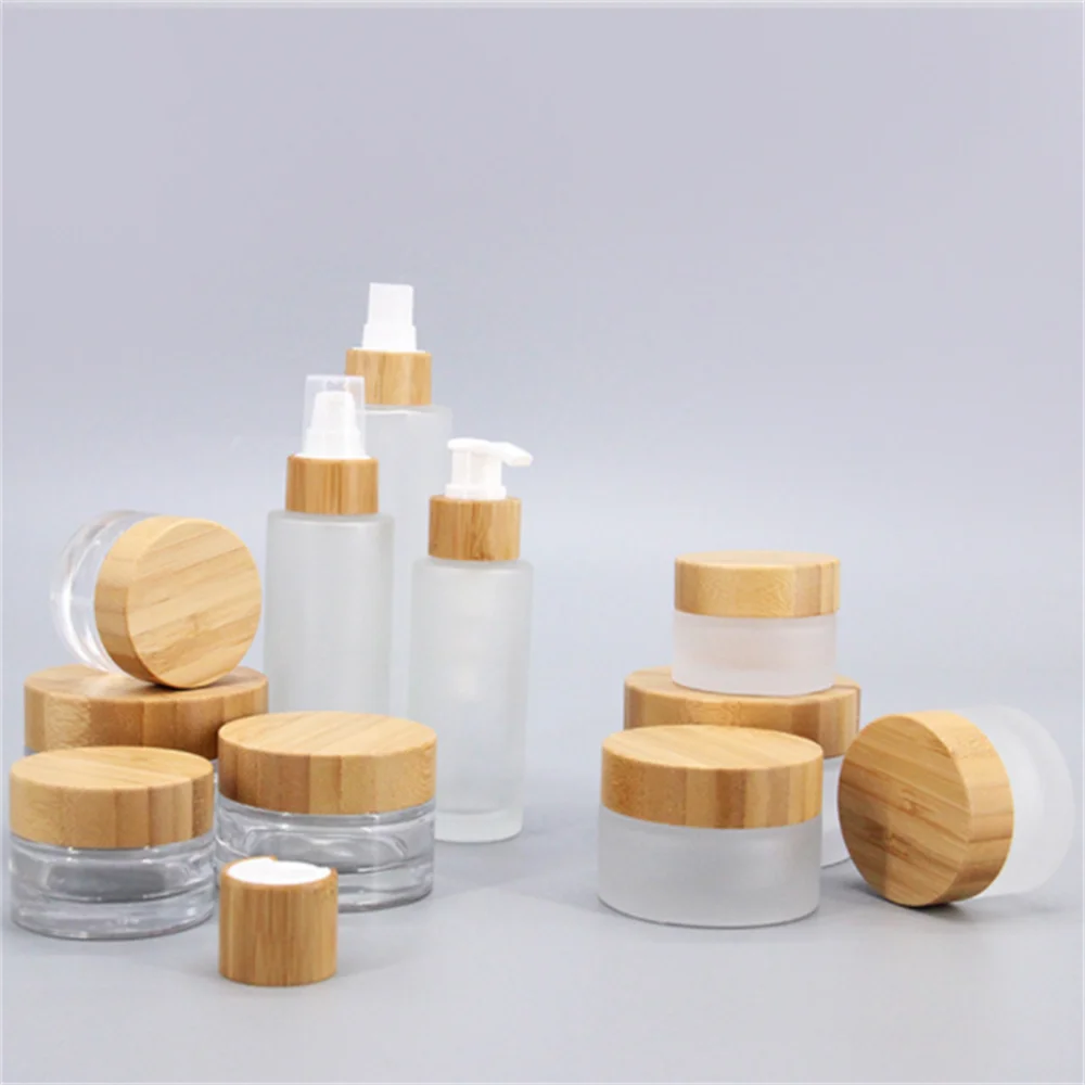 

Engraving Logo 15g 30g 50g 100g Frosted Glass Container Bottle Matte Pot For Cosmetics Serum Face Eye Cream Jar With Bamboo Lid