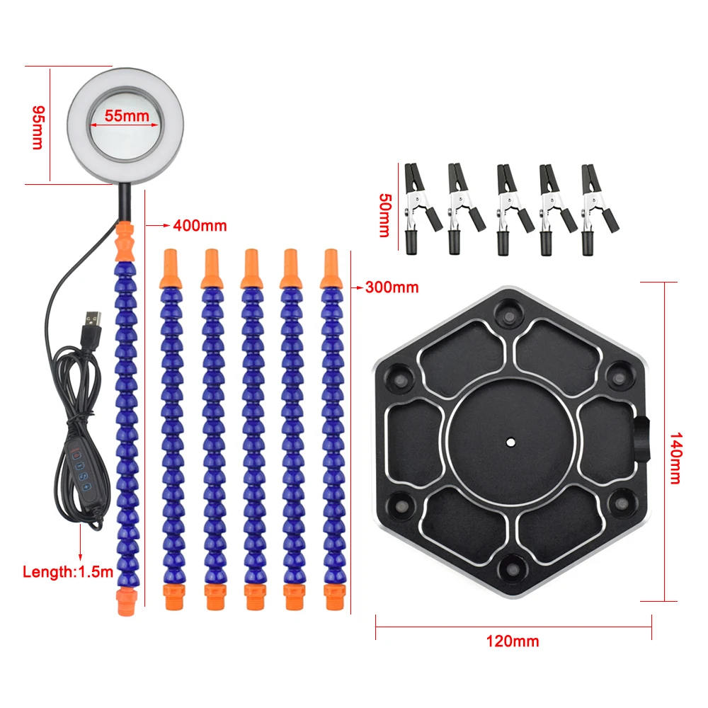 NEWACALOX-Herramienta para soldar de brazos flexibles, multisoldadura con lupa aumentadora, ventilador, con USB de aumento, linterna, estación de reparación de soldadura PCB