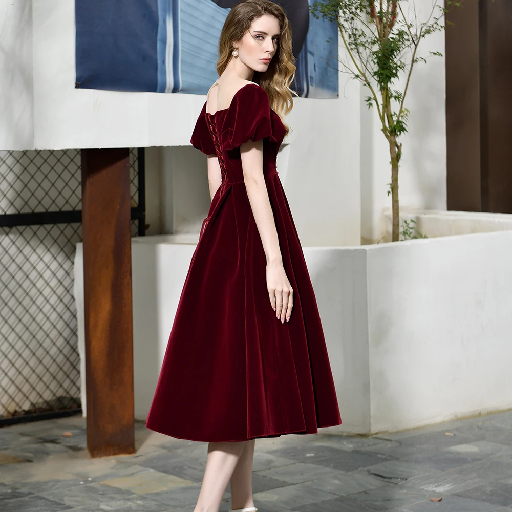 Customized New Burgundy Evening Dress gala jurken Velour Sheer Neck A Line Cap Sleeves Ankle Length Prom Party Gown