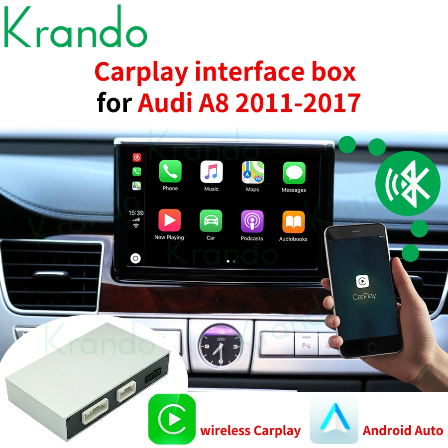 Krando Android Auto Wireless CarPlay Interface Box For Audi A8 2010 - 2017 MMI 3G Module Upgrade BT Siri Control Recamera