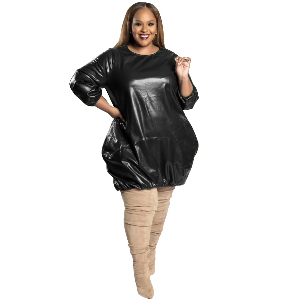 Plus Size Dresses for Women 4xl 5xl Round Collar Long Sleeve Street Wear Fashion PU Leather Loose Sexy Dress Wholesale