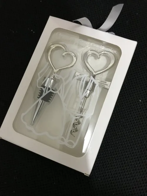 20Pcs/lot=10Boxes Wedding gift favors Heart Love Bride and Groom Wine Bottle Opener and Stopper Set For wedding souvenirs gift