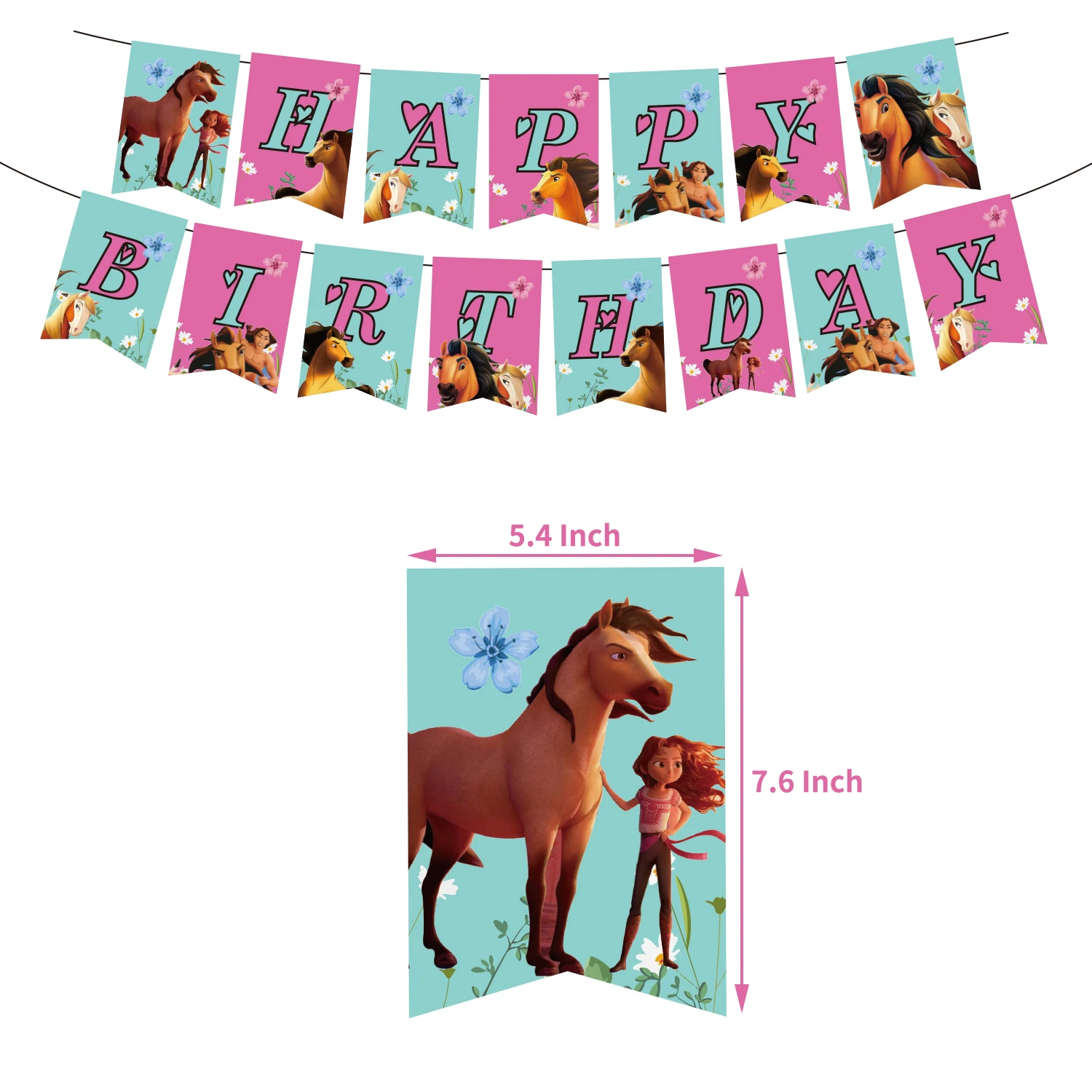 Spirit Riding Horse Balloons Pink Baby Girl Happy Birthday Banner Fre Cartoon Forest Farm Party Supplies Decoration Cake Topper