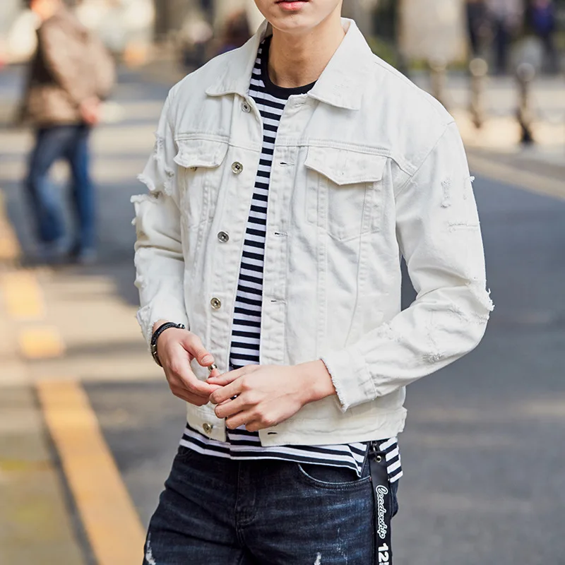 

New Arrivals Men Hole Denim Jacket Spring Fashion Trend Solid color Washed Men's Jeans Jacket Coat Casual White Cowboy Outerwear
