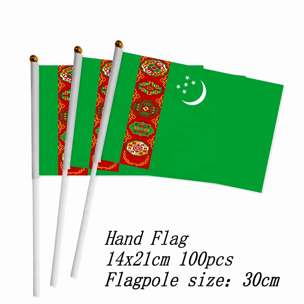 

zwjflagshow Turkmenistan Hand Flag 14*21cm 100pcs polyester Turkmenistan Small Hand waving Flag with plastic flagpole for decor