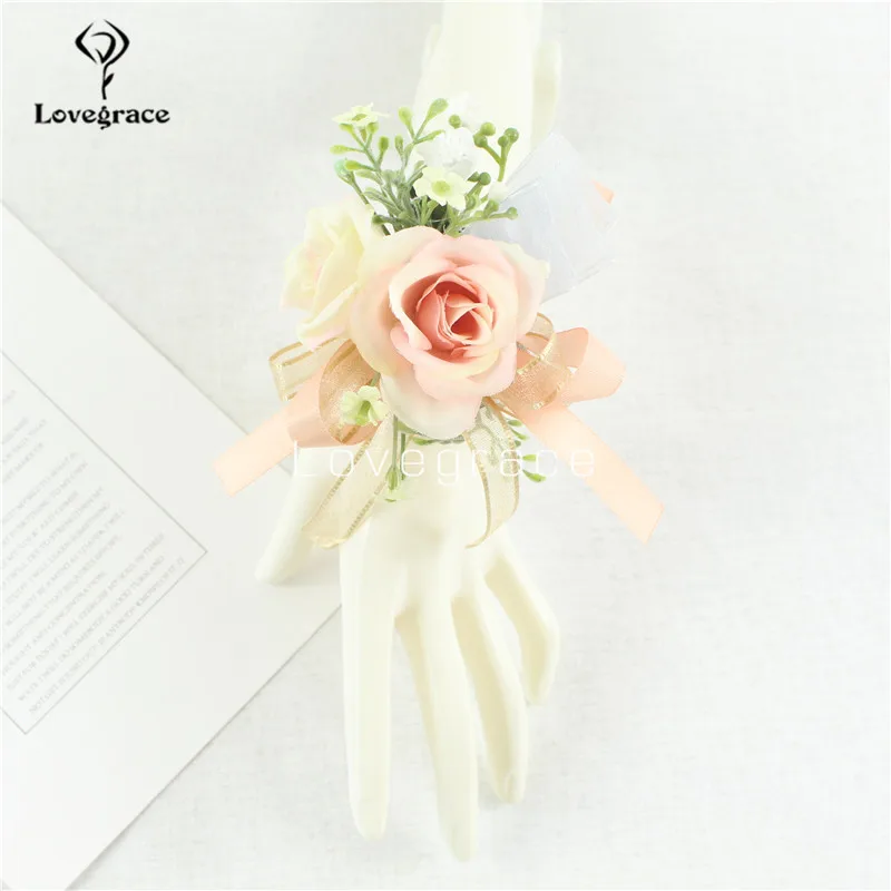 Champagne nastro polso corpetto sposa damigella d'onore donna mano polso fiore sposo Boutonniere asola uomo corpetti decorazioni di nozze