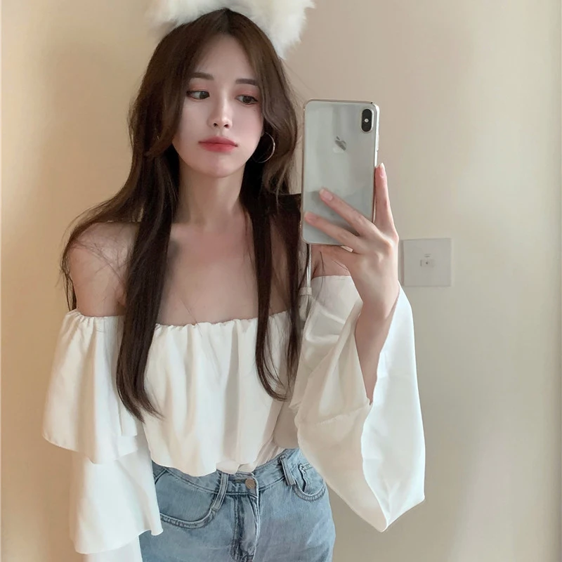 Sexy Blouses Women Camisa De Gasa Summer Thin Pure Color Slash Neck Leisure Folds Streetwear Ladies Korean Design Off Shoulder