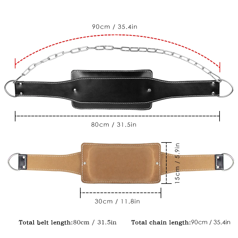 Leather Weight Lifting Belt with Chain Dipping Belt Chin Up Kettlebell Barbell Pull Up Powerlifting Crossfit Fitness Gym Belt