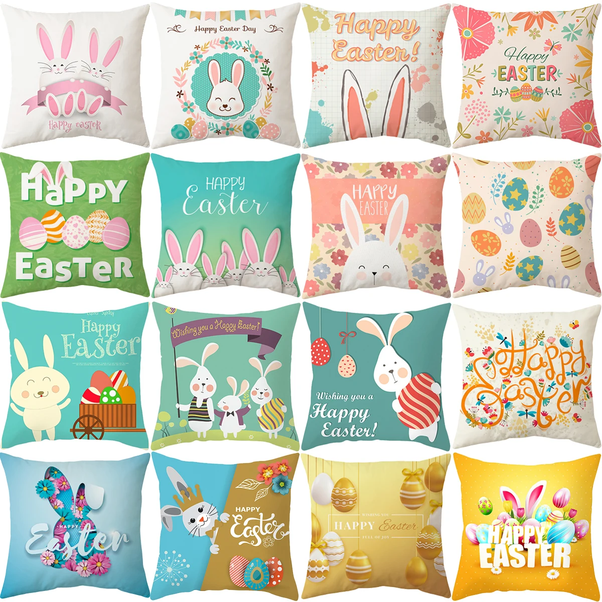 Happy Easter Pillowcase Easter Decorations For Home Sofa Rabbit Bunny Eggs Polyester Pillow Cover 45*45cm Easter Party Decor