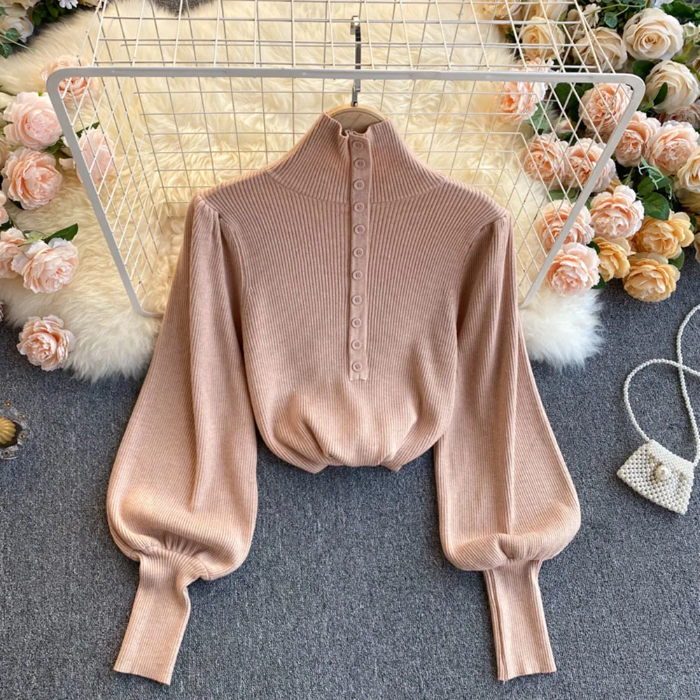 

Spring Autumn Sweater Coat Korean Puff Long Sleeve Women Knitwear 2022 Spring New Single Breasted Turtleneck Knitted Cardigan