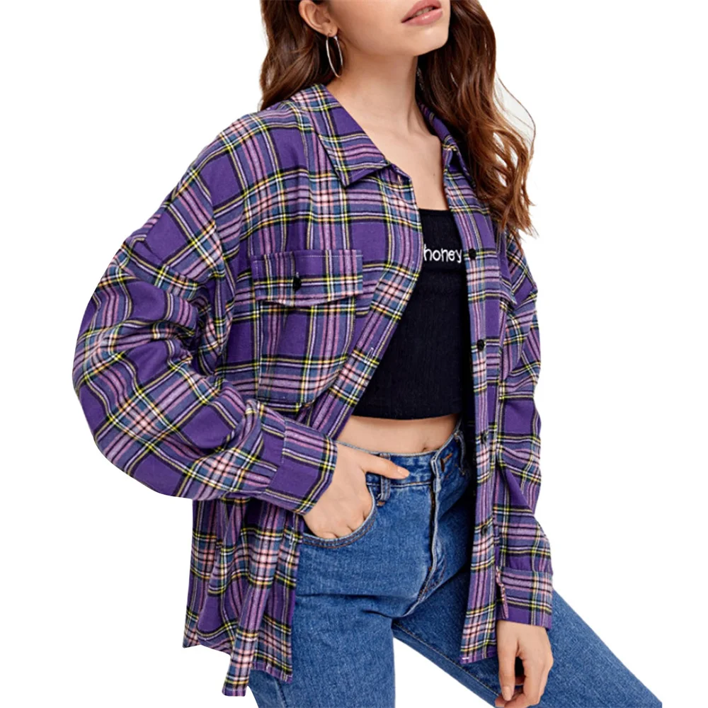 Womens Shirt Casual Plaid Turn-Down Collar Long Sleeve Tops Oversized Lapel Single-breasted Women\'s Y2k Vintage Plaid Shirts