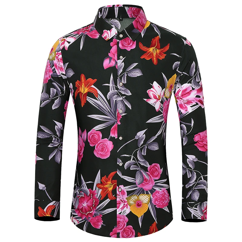 Men\'s Casual Shirt Spring New Arrival Flower Print Long Sleeve Shirts Male Fashion Plus Size Beach Holiday Shirt 7XL