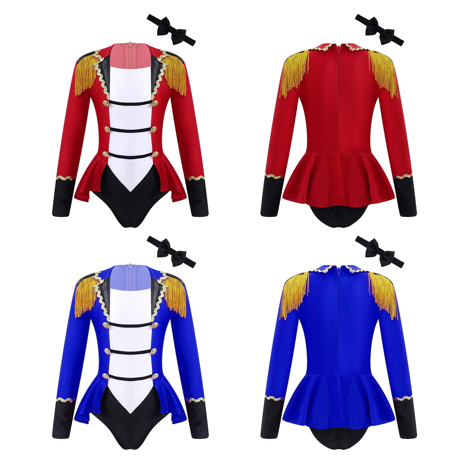 Kids Girls Circus Ringmaster Cosplay Costumes Long Sleeves Bodysuit Leotard Tassel Buttons Romper Jumpsuit for Halloween Party