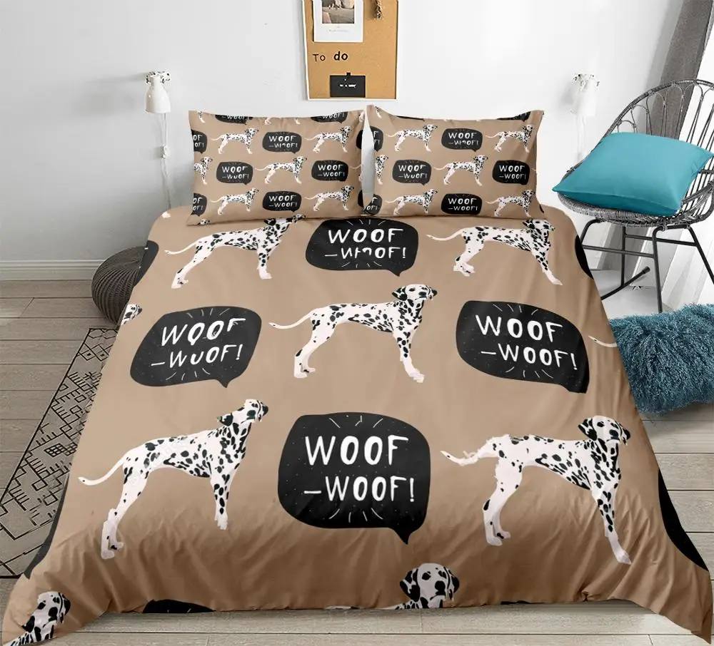 Spotted Dogs Duvet Cover Set Dalmatians Bedding Kids Black White Dogs Woof-Woof Cartoon Pet Quilt Cover Yellow Brown Dropship