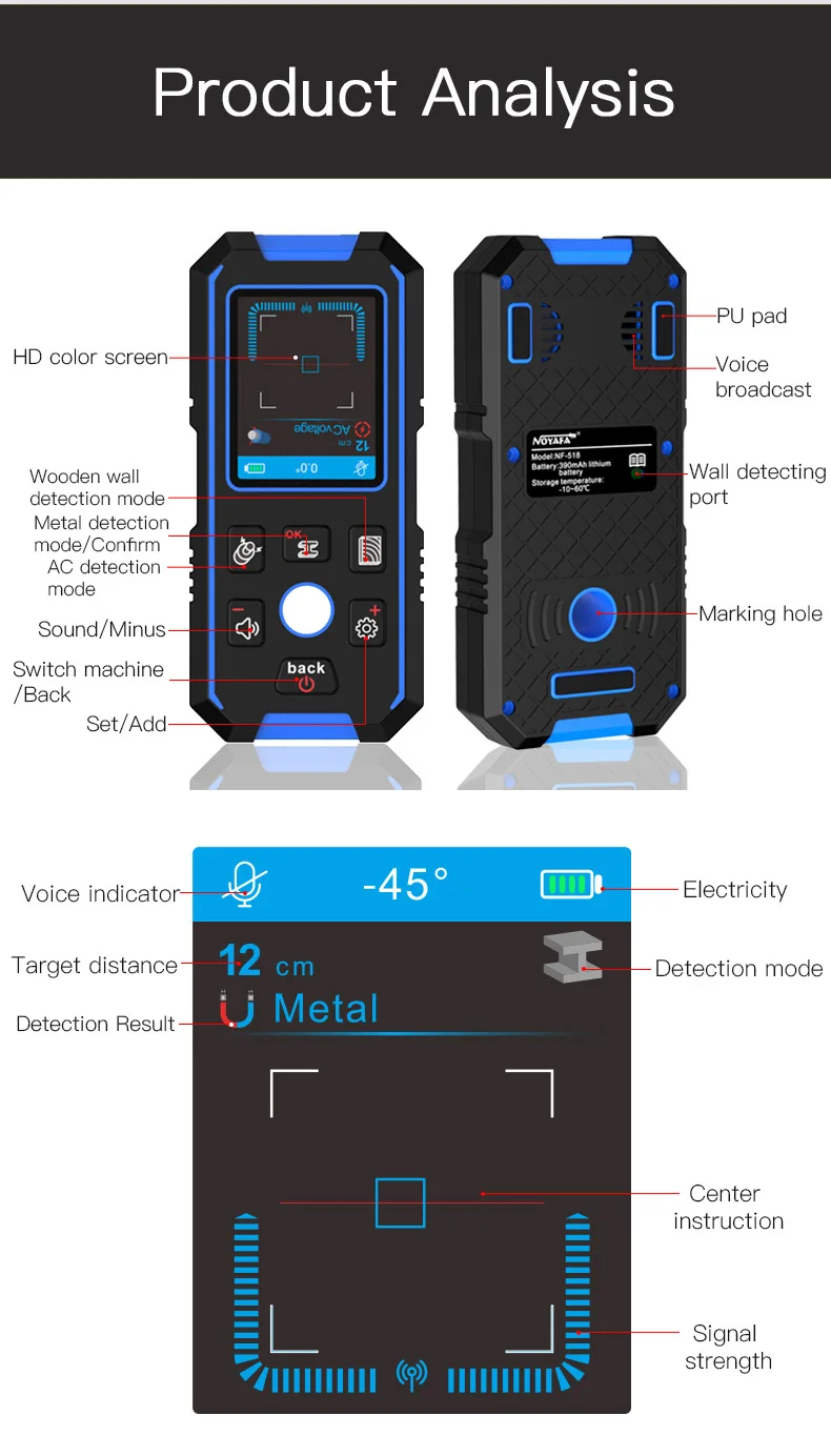 Noyafa NF-518 Metall detektor hinter leuchtet schwarz AC Holz Bolzen Finder Kabel Drähte Tiefe Tracker underground Wand scanner LCD HD-Display – Detail 15