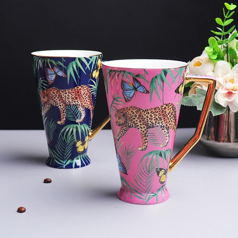 Nordic Large Capacity Coffee Cup Set Leopard Forest Cheetah Bone China Pink Milk Water Afternoon Tea Party Home Drinking