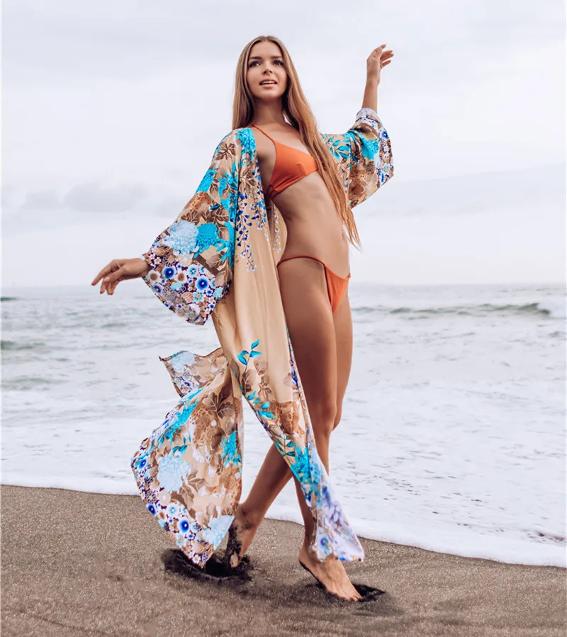 بيكيني يغطي المنبثقة البوهيمي طباعة مربوط الصيف فستان شاطئ المرأة ملابس الشاطئ لباس سباحة التستر رداء دي بلاج