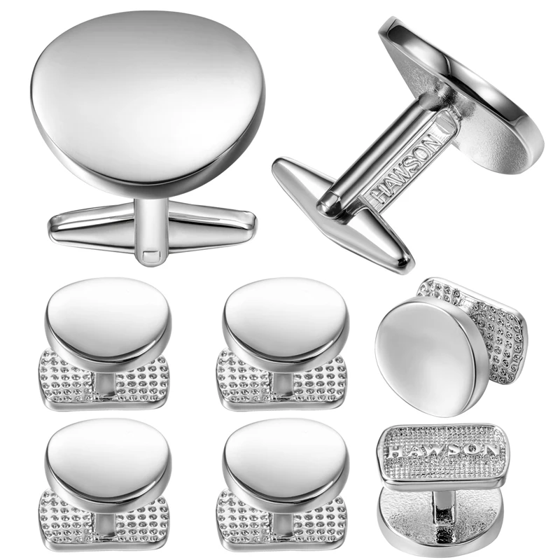 

New Simple Metal Cufflink and Studs for Men Classic Round Curved Surface Cuff Links Set Tuxedo Jewelry with HAWSON LOGO