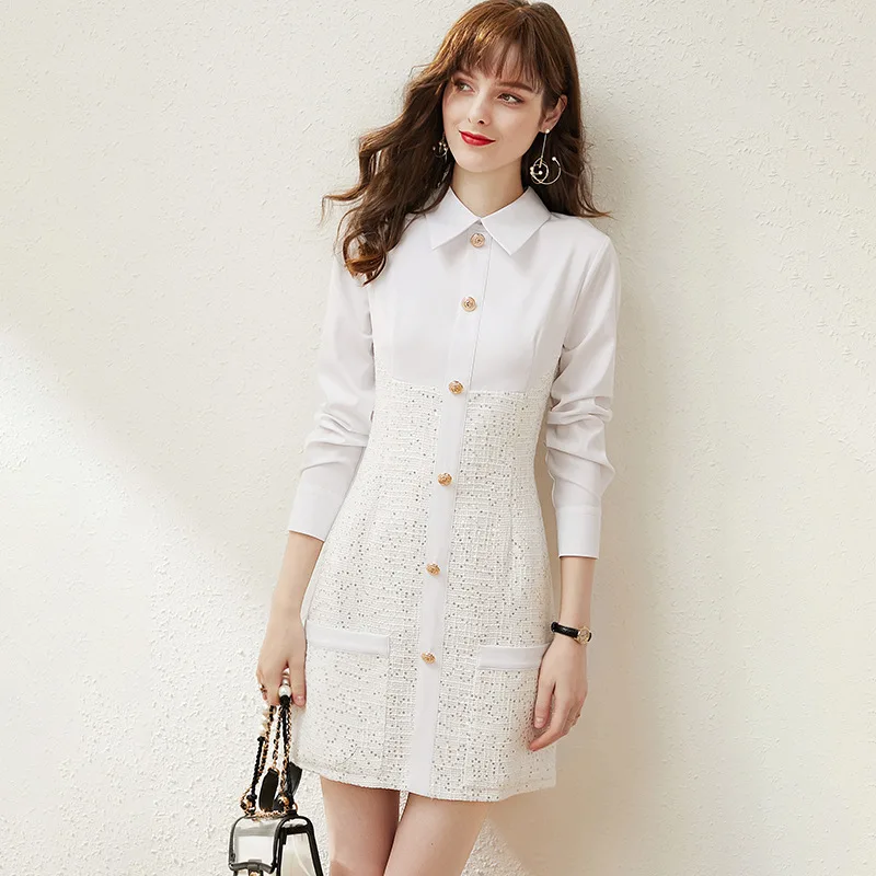 2020 new spring French style women dress Sequin patchwork slim dresses long sleeve turn down collar Aline Dress