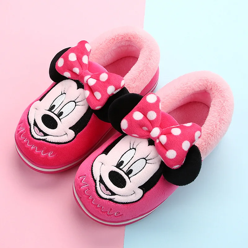 Disney-Chaussures épaisses en coton pour enfants, Minnie Mouse, chaleur intérieure, confortable, maison, bébé, garçons, filles